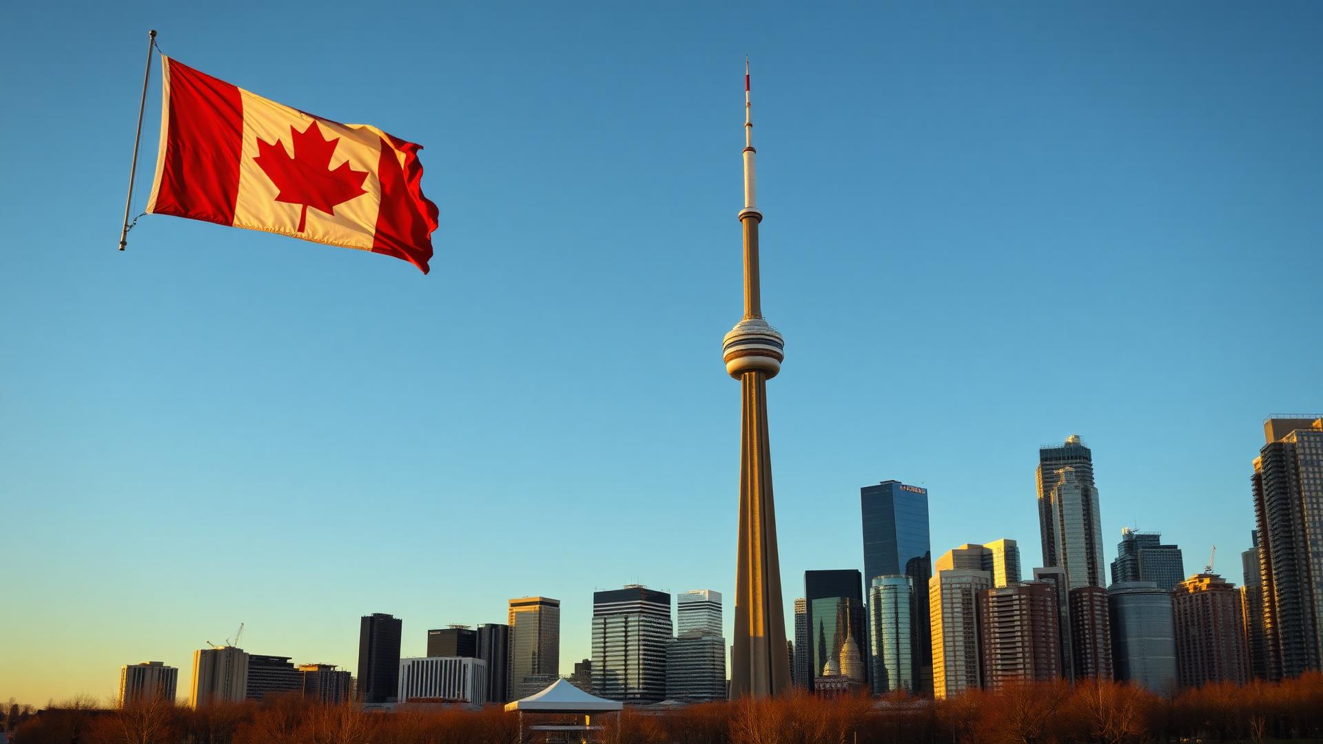 Horizonte de Toronto con la bandera canadiense